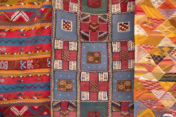 Brightly colored quilts