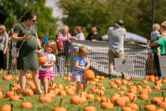girls choosing pumpkins