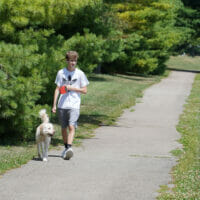 A boy walking his dog