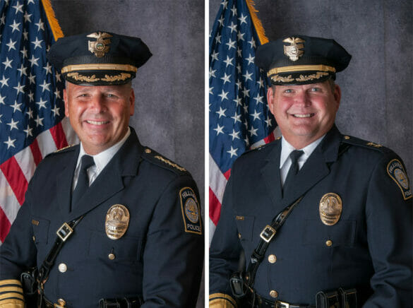 side by side portraits of former Chief of Police Fisher and the new Chief of Police Grile
