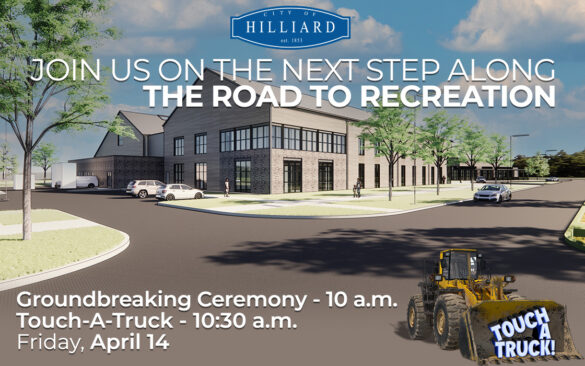 Groundbreaking announcement with a photo of a building and a construction truck