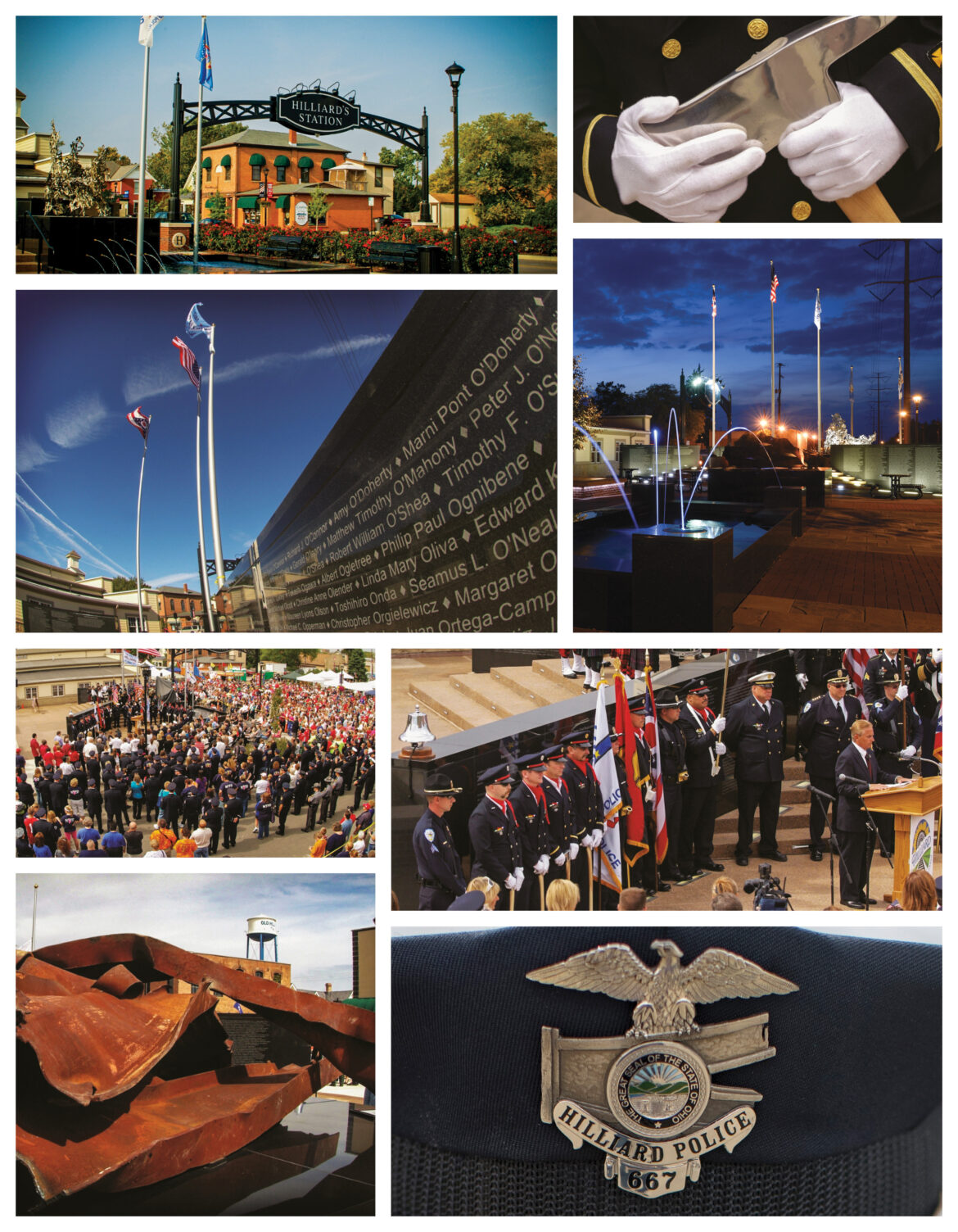 Collage of photos from First Responders Park of the opening ceremony