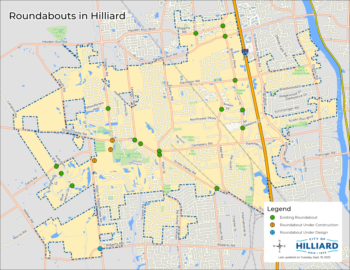 A look at all roundabouts within the City of Hilliard boundaries, including existing roundabouts and those in the design phases and under construction.