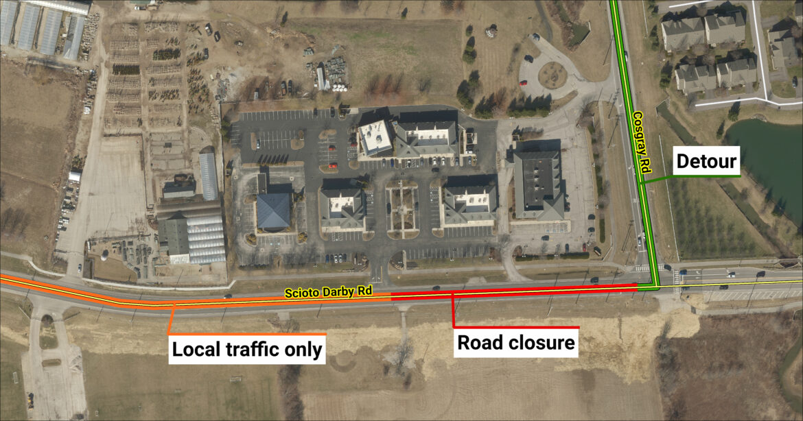 Access to businesses in Darby Town Center will remain open with access from both Scioto Darby Road and Cosgray Road. However, using this plaza as a cut-through is prohibited during this closure.