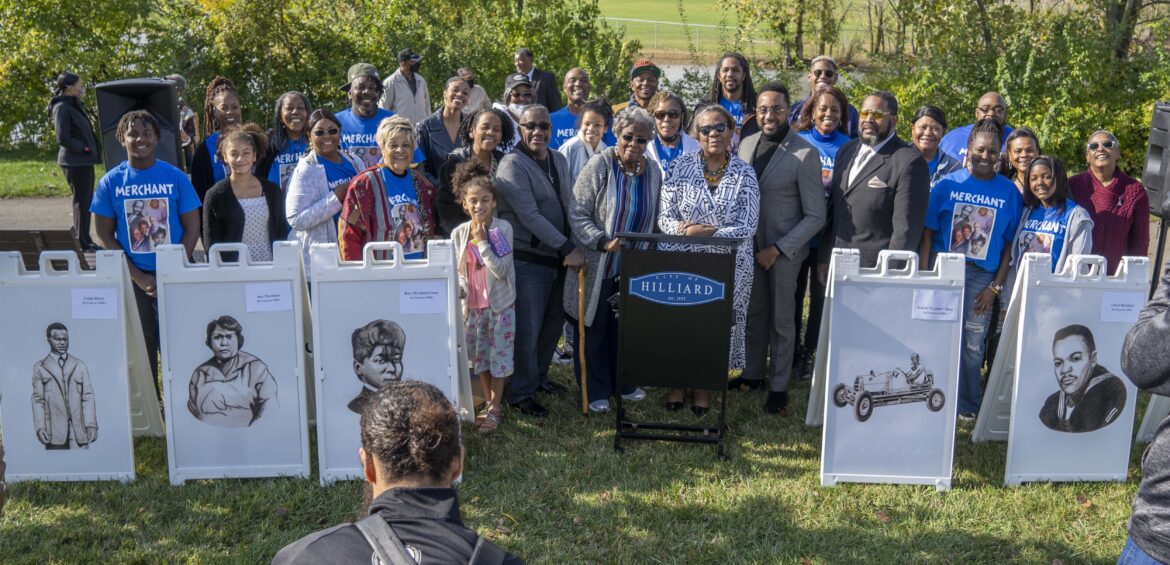 The Merchant family gathers for the City of Hilliard's Merchant Park dedication ceremony in October 2021.