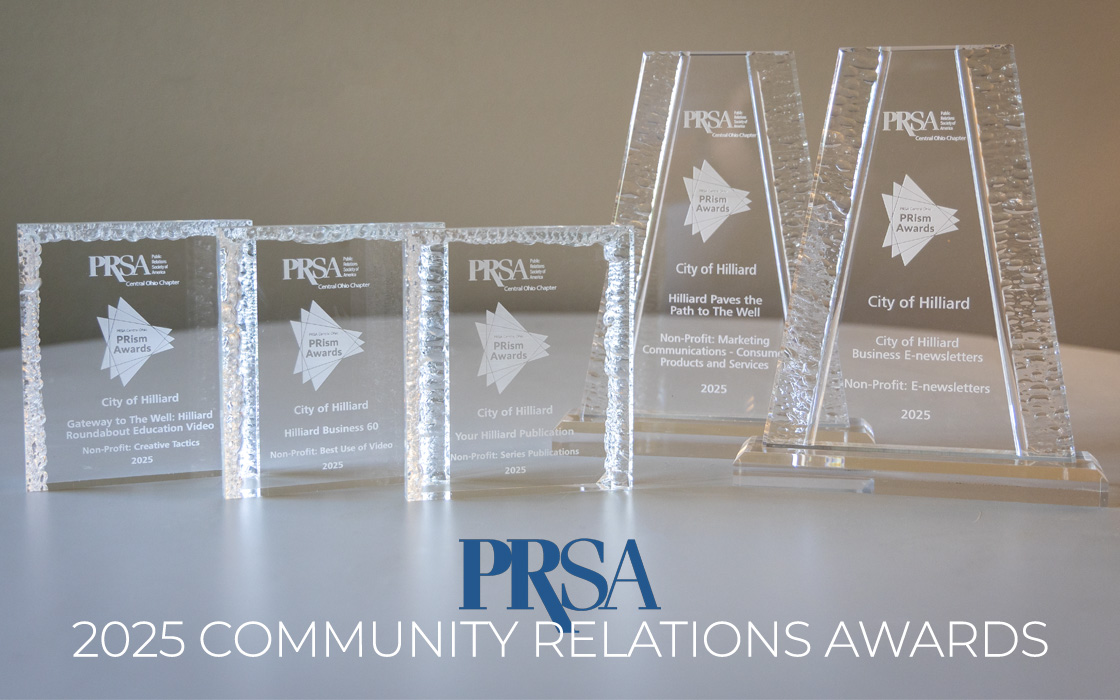 2025 PRSA Awards photo showing 2 Prism awards and 3 awards of excellence