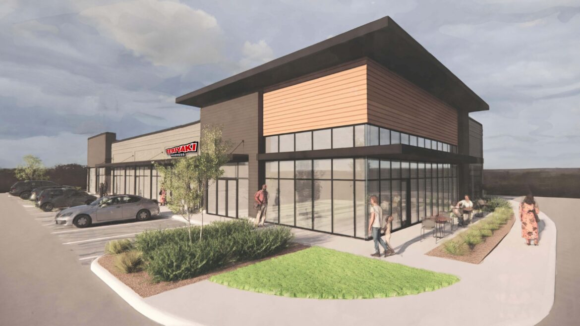 Architectural rendering of a Teriyaki Madness storefront at the TruePointe mixed-use development in Hilliard, showing a ground-floor restaurant with people walking along the sidewalk.