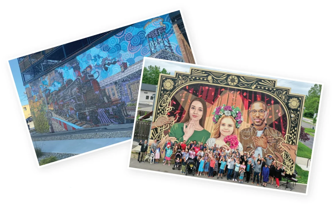 Two murals painted on walls, one being a train and the other of three people