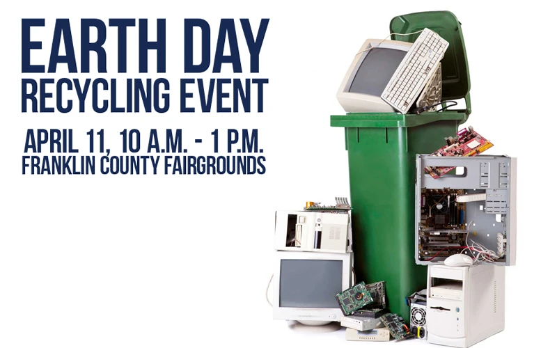 Earth Day Recycling event graphic showing old electronics in a recycling can