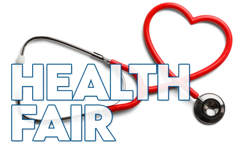 A stethoscope in a shape of a heart lays on a white background with the words Health Fair over it