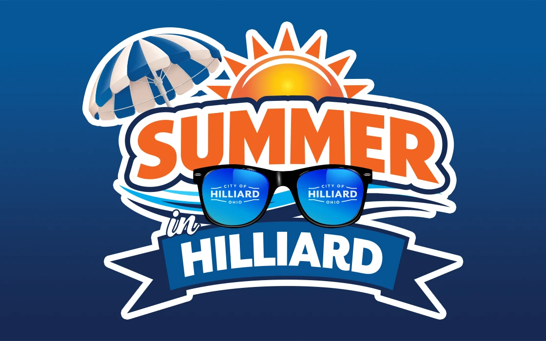 Summer Events in Hilliard logo that contains a beach umbrella, a pair of sunglasses, and the sun