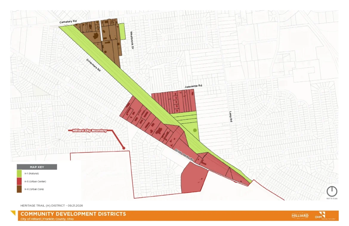 A zoning map of the H district in Hilliard