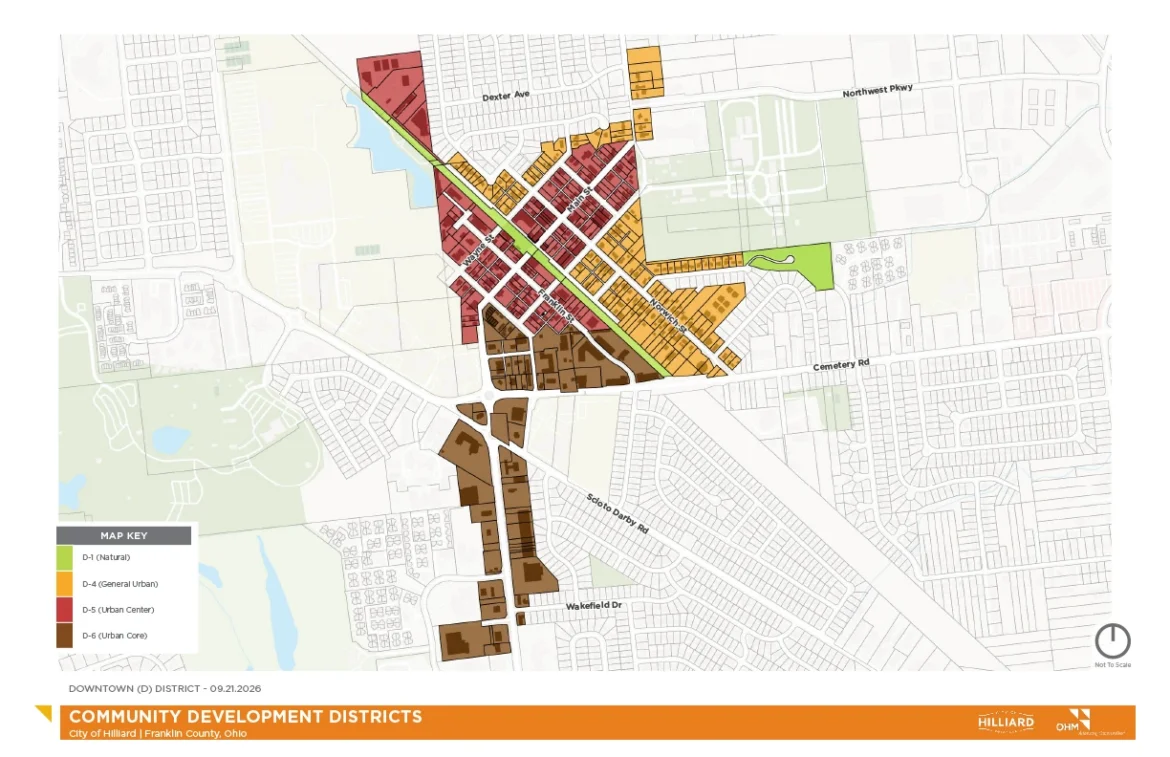 A zoning map of the D district in Hilliard