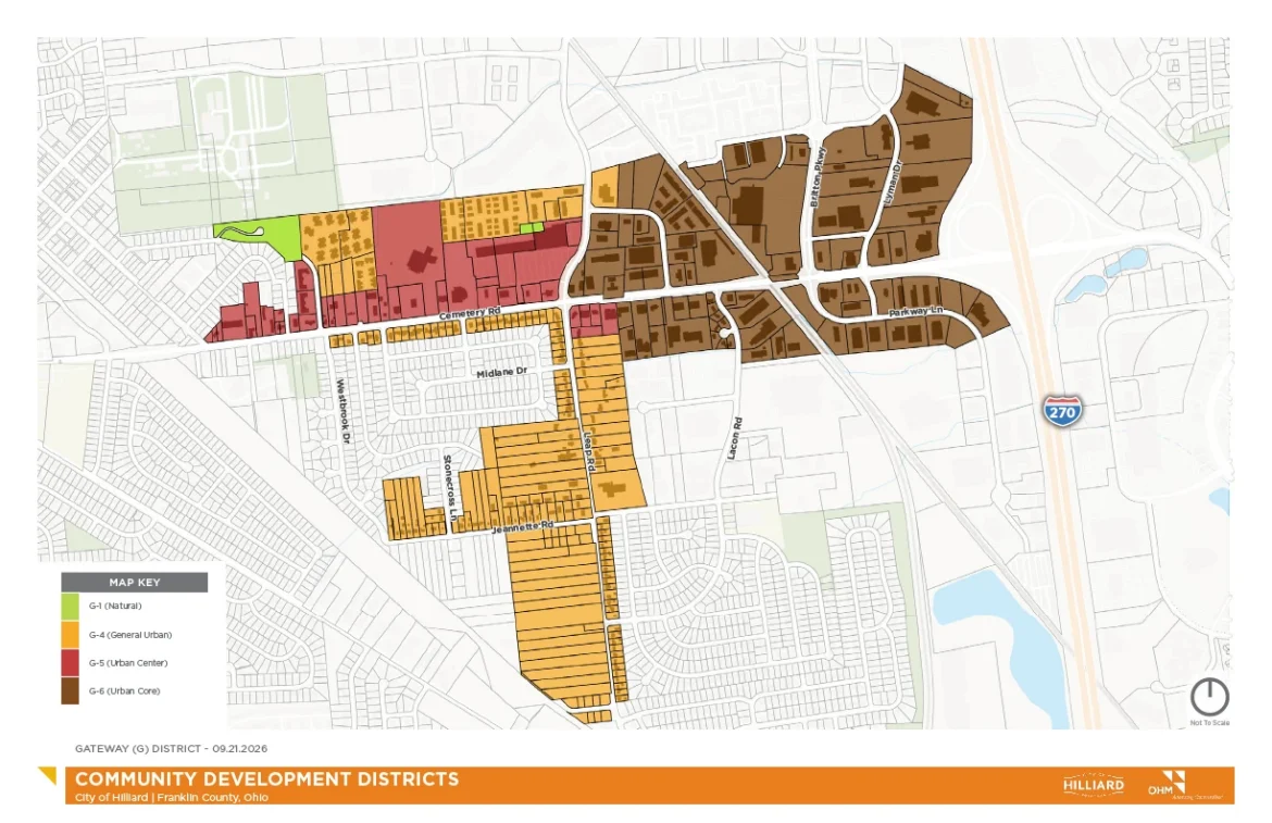 A zoning map of the G district in Hilliard